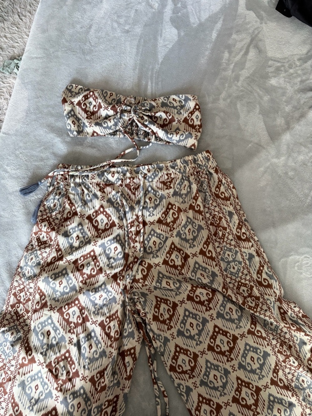 Straight Leg Printed Pants with Matching Bandeau - Brown & Gray